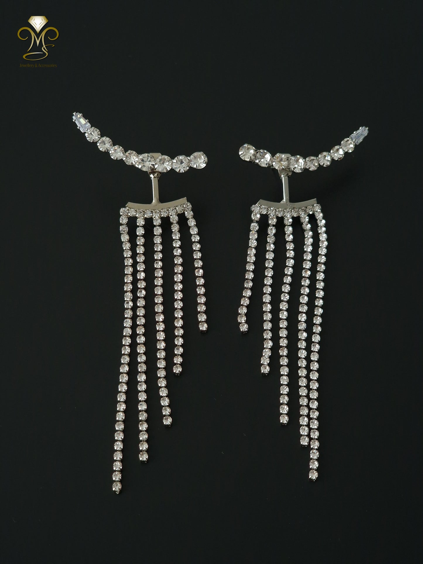 Silver-plated Bling Long Tassel Rhinestone Stud Earrings